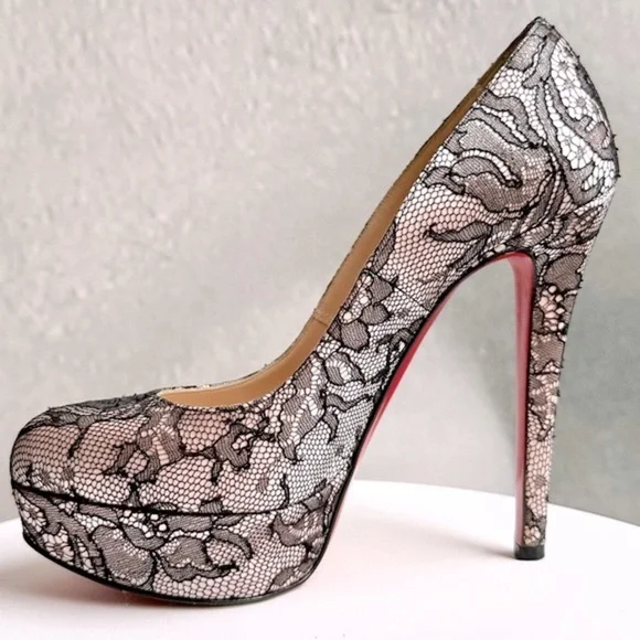 🌺CHRISTIAN LOUBOUTIN 👠 Pink Satin And Black Lace Platform Pump Size: 35.5 - Picture 4 of 13